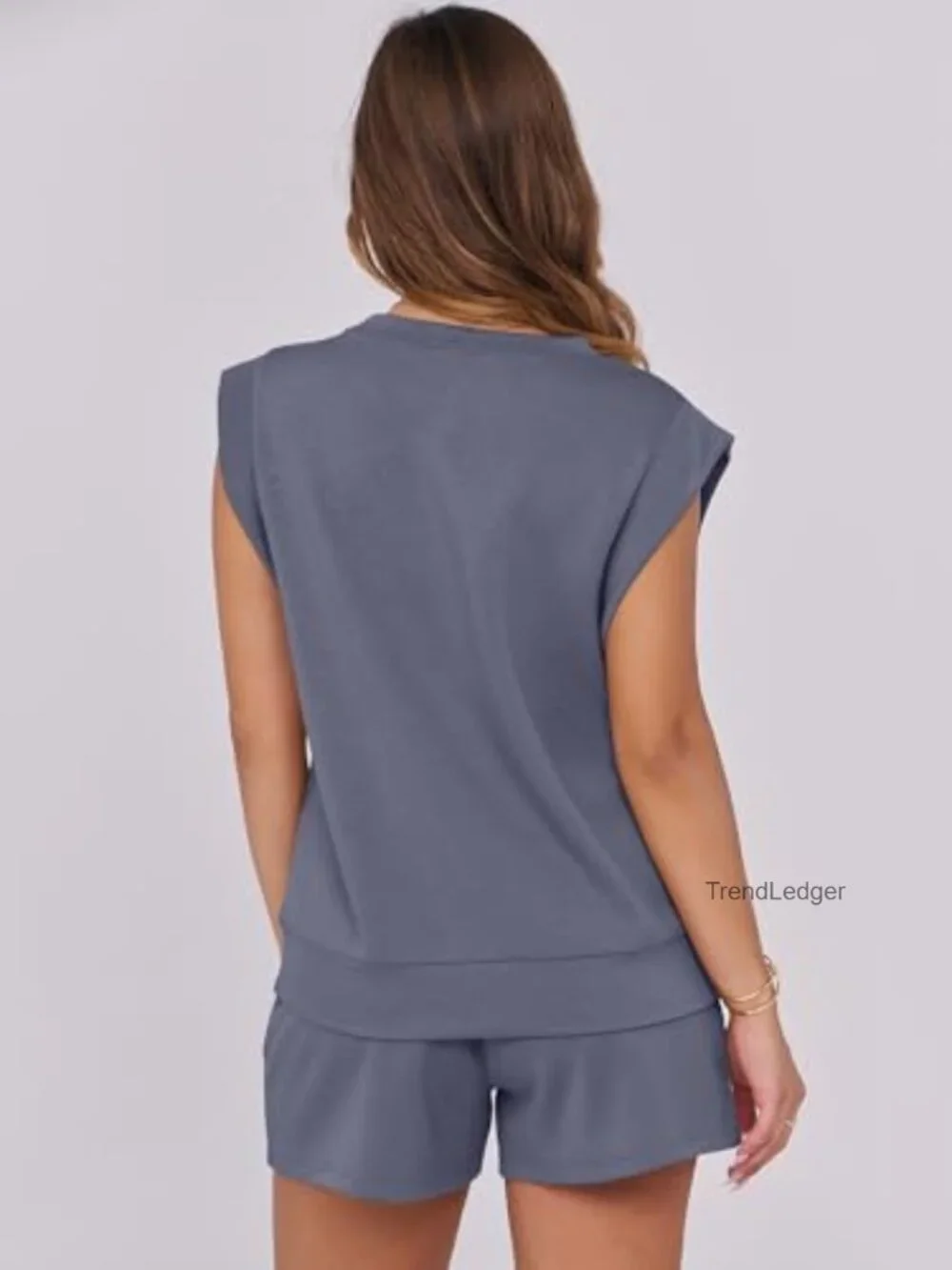 Women's 2 Piece Lounge Short Set Crewneck Cap Sleeve Drawstring
